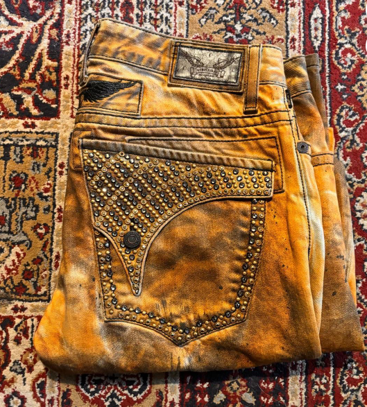 Robin's Jeans Amber Rust Tie Dye Gold Studded Denim