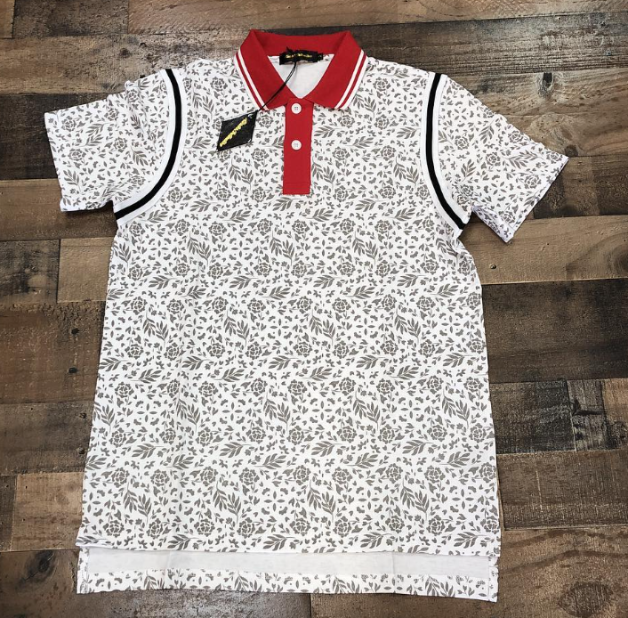 White Floral Print Polo with Red Collar