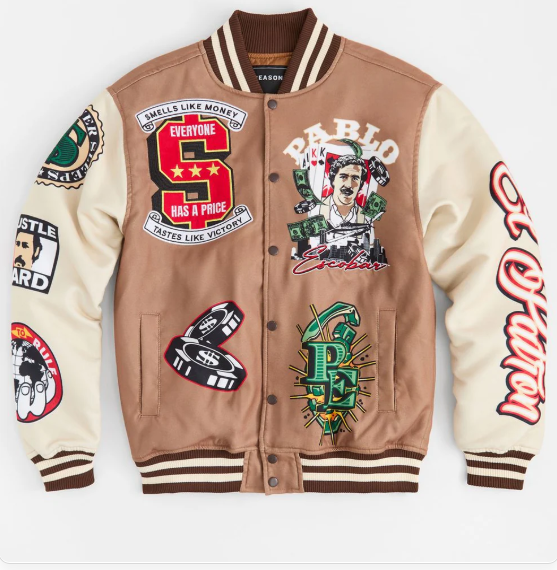 Pablo Escobar Eason Varsity Jacket – Tan & Cream