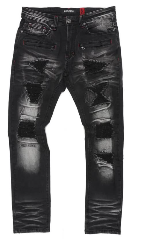 Makobi Mens Jeans - Black Washed Distressed
