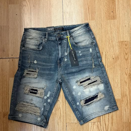 M.Society Blue Heavy Rip Distressed Denim Shorts