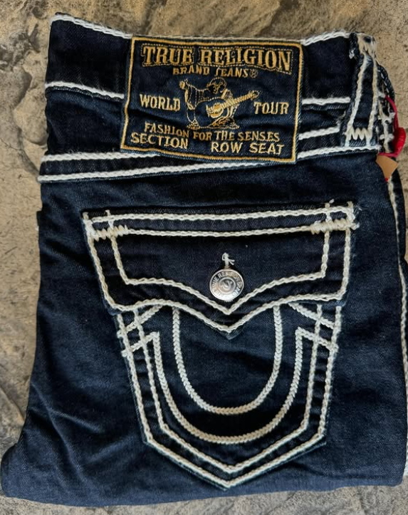 True Religion Dark Wash White Mega Stitch Jeans