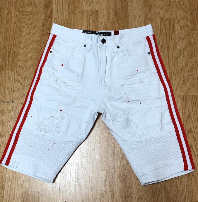 White Moto Denim Shorts with Red Side Stripes & Paint Splatter